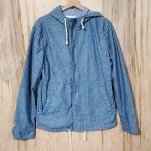 Levis Womens S Blue Chambray Denim Full Zip Lined Lightweight Hooded Jacket